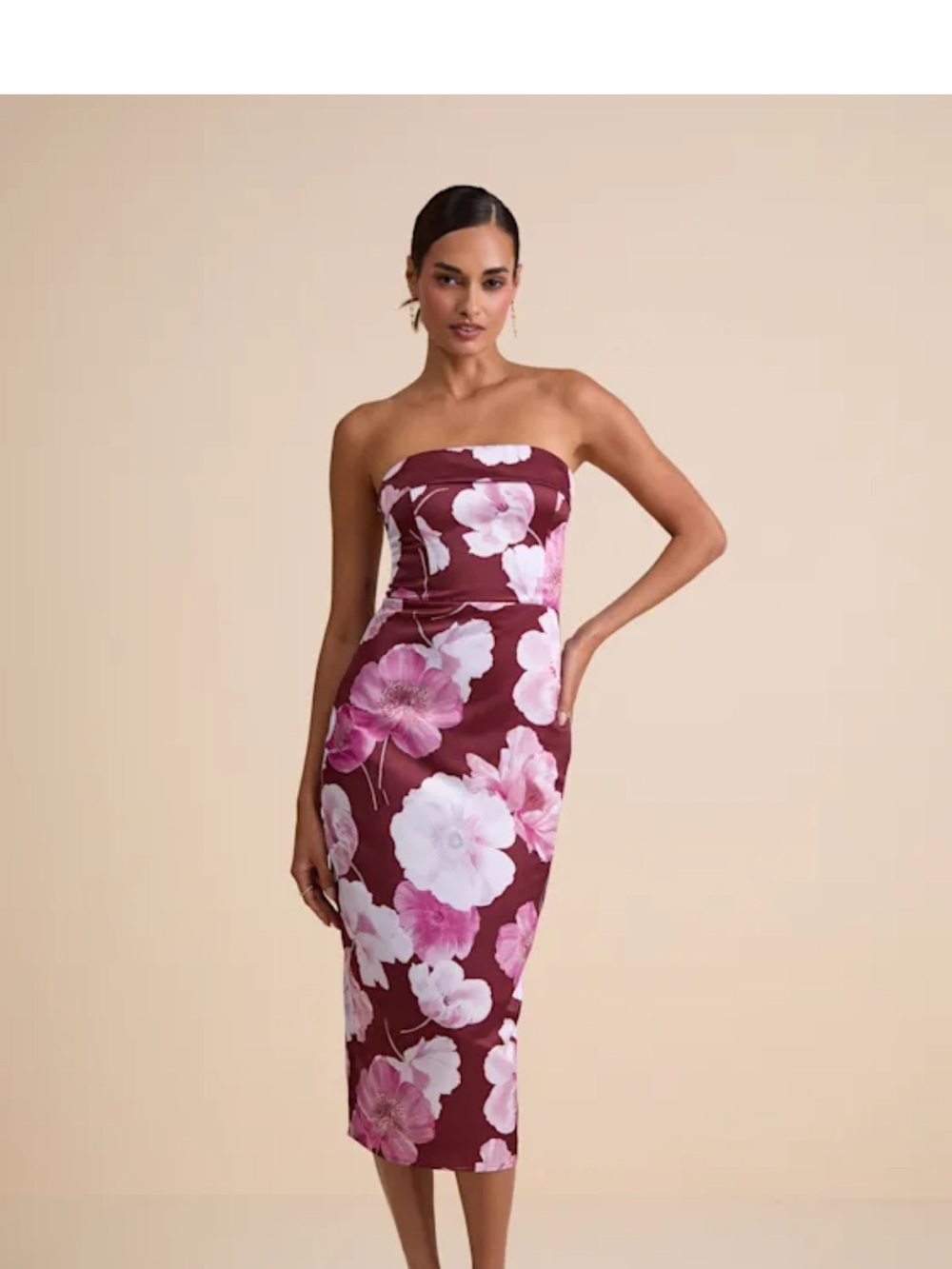 Lulu's Strapless Burgundy Floral Midi Dress